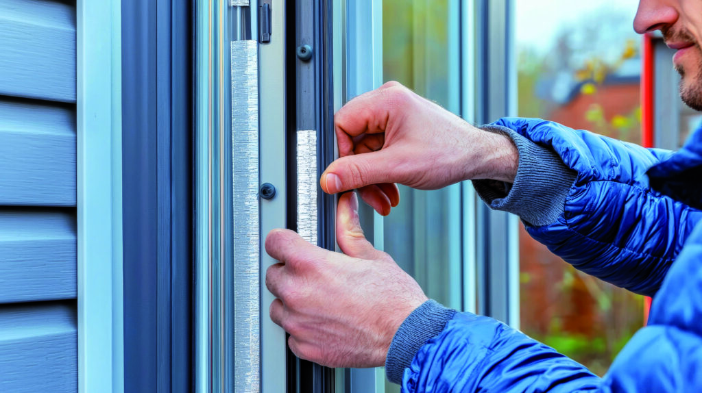
Close up of magnetic weatherstripping being installed on door frame, showcasing careful application process. This highlights importance of proper sealing for energy efficiency and comfort.