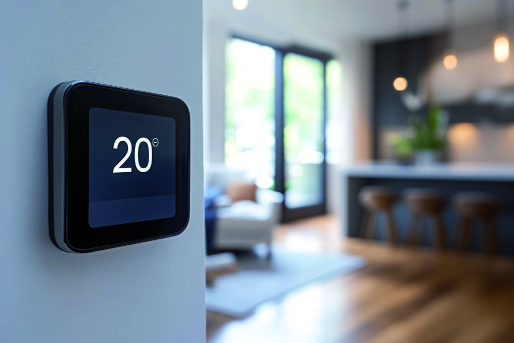 
Digital thermostat displaying, controlling temperature in a contemporary home, ensuring comfort and energy efficiency